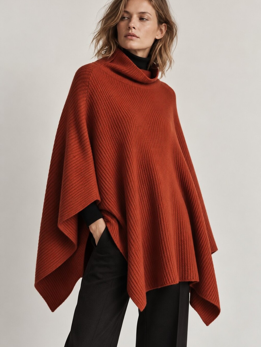 Ulla Johnson Rib Knit Alpaca Blend Funnel Neck Sweater Poncho Terracotta XS